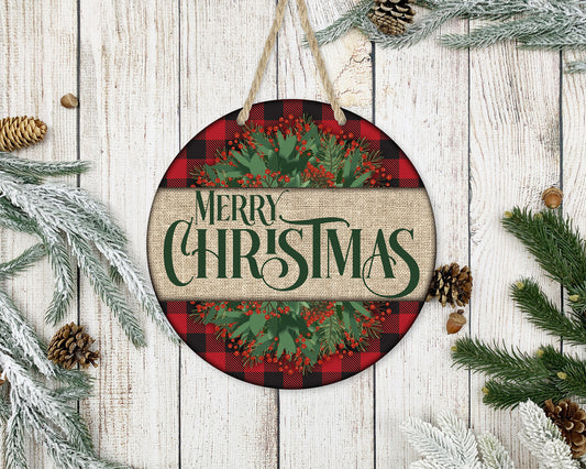 Merry Christmas Plaid Wreath - 10" Round Door Hanger