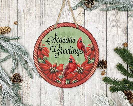 Season Greetings - Cardinals - 10" Round Door Hanger