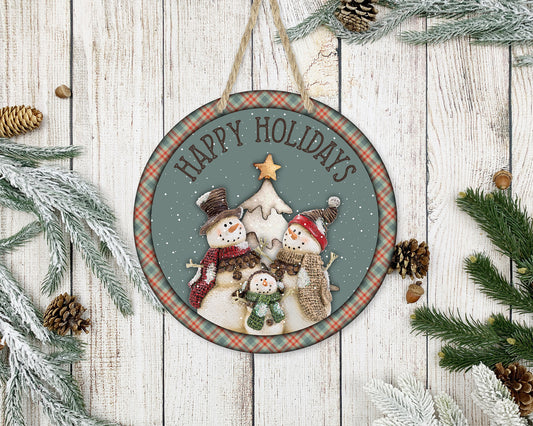 Happy Holidays Snowmen - 10" Round Door Hanger