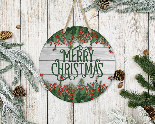 Merry Christmas Rustic Holly - 10" Round Door Hanger